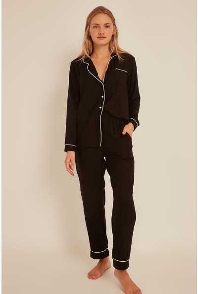 C&city Kadın Puanlı Gömlek-Pantolon Pijama Takım 9036 Siyah