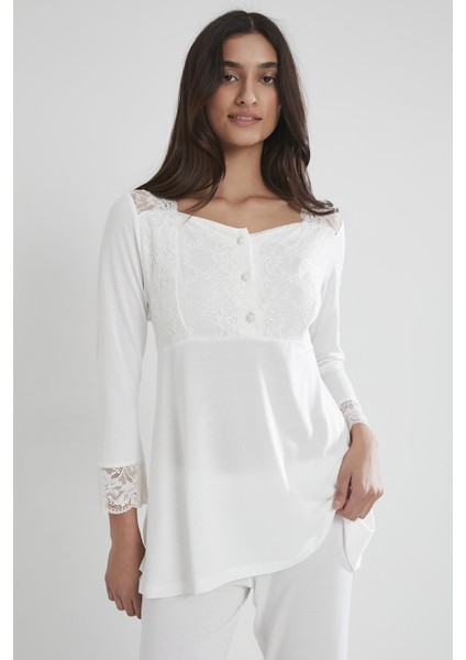 1241 Kadın Penye Dantelli Pijama Takımı - Ekru fiyatları