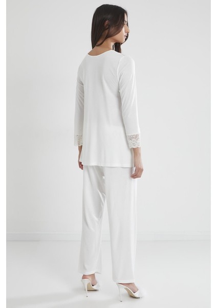 1241 Kadın Penye Dantelli Pijama Takımı - Ekru indirimleri