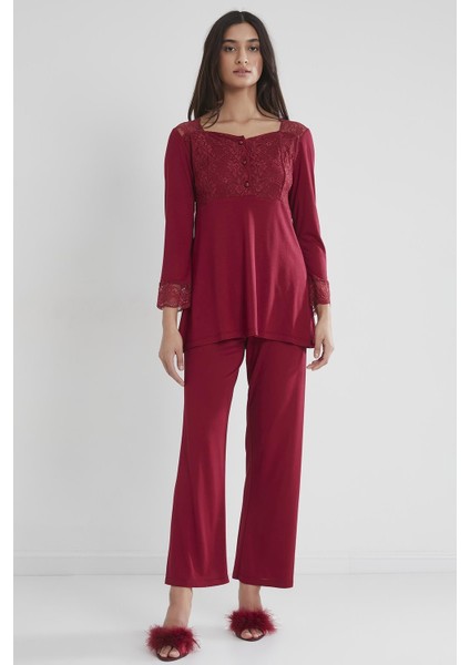 Pierre Cardin 1241 Kadın Penye Dantelli Pijama Takımı - Bordo