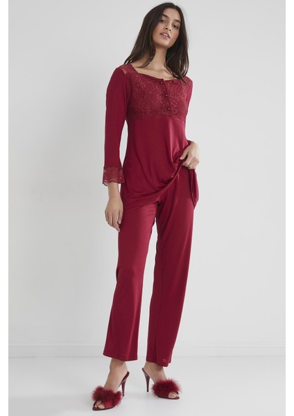 Pierre Cardin 1241 Kadın Penye Dantelli Pijama Takımı - Bordo