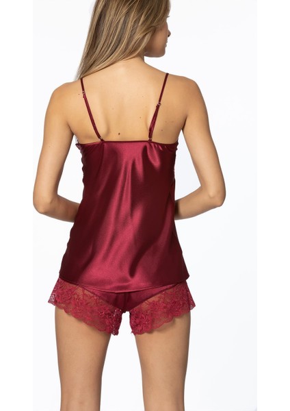 405 Kadın Saten Dantelli Pijama Şort - Bordo