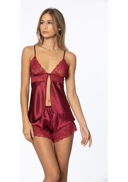 405 Kadın Saten Dantelli Pijama Şort - Bordo
