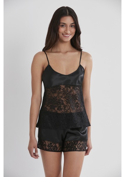 445 Kadın Saten Dantelli Pijama Şort - Siyah fiyatları