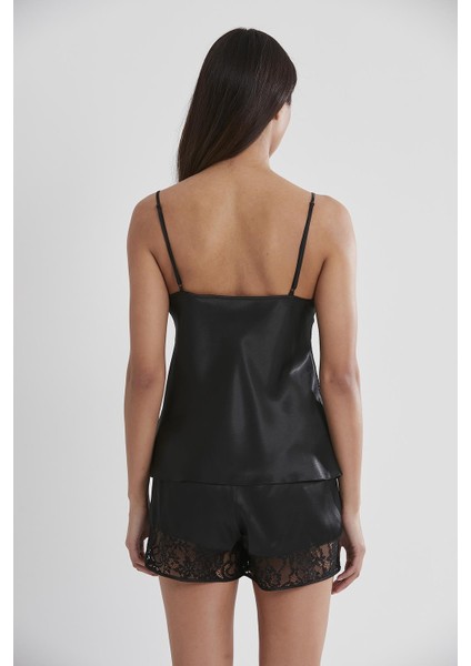 445 Kadın Saten Dantelli Pijama Şort - Siyah fırsatları