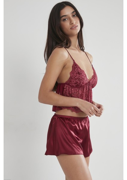 450 Kadın Saten Dantelli Pijama Şort - Bordo fiyatları