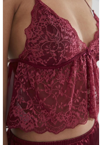 450 Kadın Saten Dantelli Pijama Şort - Bordo modelleri
