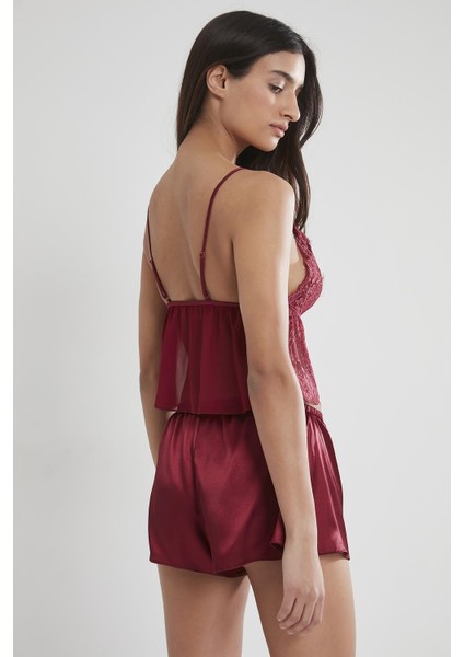 450 Kadın Saten Dantelli Pijama Şort - Bordo fırsatları