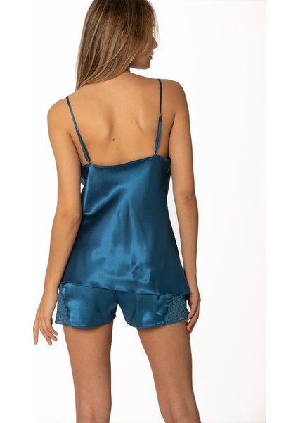 425 Kadın Saten Dantelli Pijama Şort - Safir