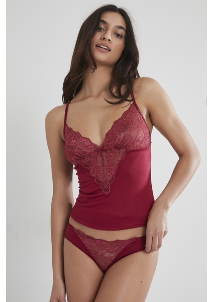 345 Kadın Dantelli Penye Atlet Külot Kaşkorse Set - Bordo