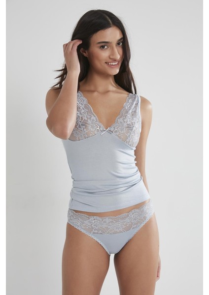 390 Kadın Dantelli Penye Atlet Külot Kaşkorse Set - Mist