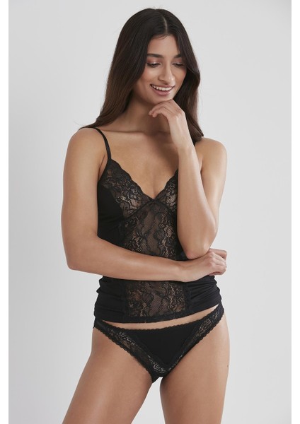 381 Kadın Dantelli Penye Atlet Külot Kaşkorse Set - Siyah