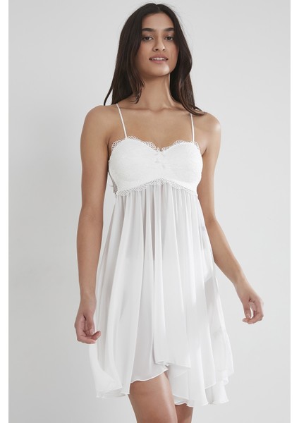 880 Kadın Şifon Dantelli Gecelik - Ekru
