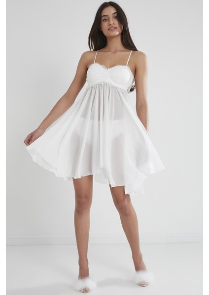 880 Kadın Şifon Dantelli Gecelik - Ekru fiyatları