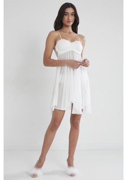 880 Kadın Şifon Dantelli Gecelik - Ekru modelleri