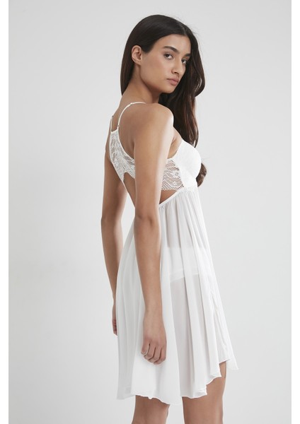 880 Kadın Şifon Dantelli Gecelik - Ekru fırsatları