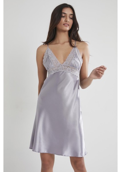 603 Kadın Saten Dantelli Gecelik - Royal