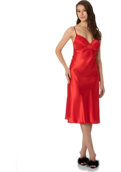 900 Kadın Saten Dantelli Gecelik - Kırmızı fiyatları