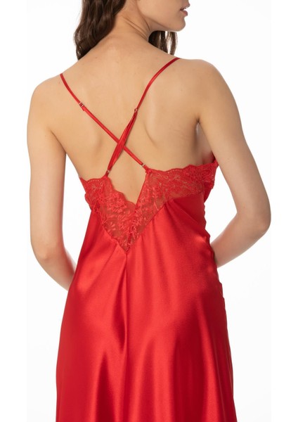 900 Kadın Saten Dantelli Gecelik - Kırmızı modelleri