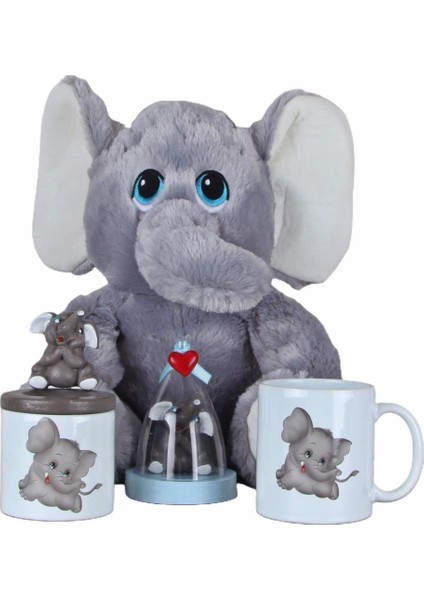 Fil Peluş Oyuncak 30 cm Gri Fil Fanus Biblo Kalemlik Kupa Set