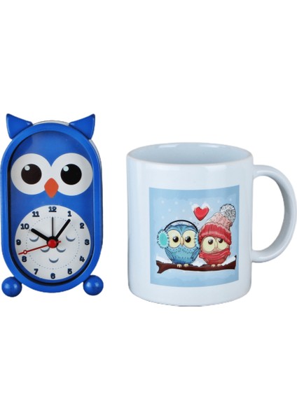 Baykuş Masa Saati Mavi Baykuş Kupa Set