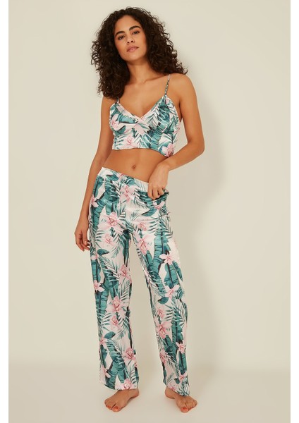 045 Kadın Desenli Saten 3 Lü Pijama Takım Ekru/yeşil