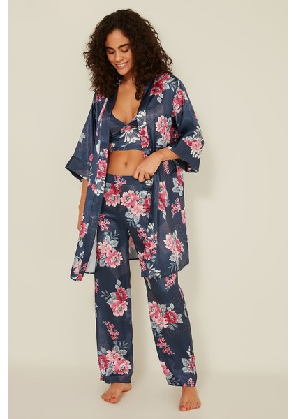 045 Kadın Desenli Saten 3 Lü Pijama Takım Indigo