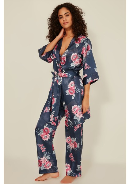 045 Kadın Desenli Saten 3 Lü Pijama Takım Indigo indirimleri