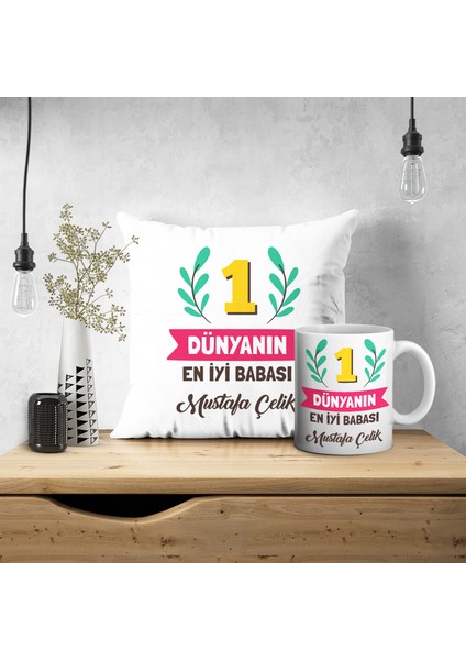 Kişiye Özel Hediye Isimli Babalar Günü Baskılı Yastık Kılıfı Kupa Seti 3534