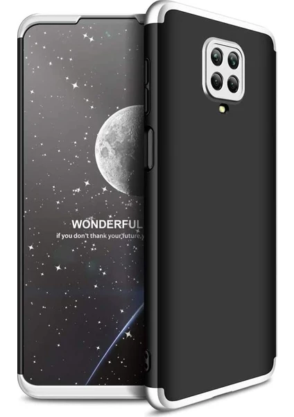 Case 4U Xiaomi Redmi Note 9S / 9 Pro Kılıf 3 Parçalı Tam Koruma Sert Mika Ays Kapak Siyah Gümüş