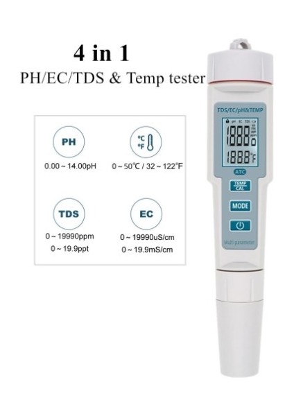 Yeni 4 In 1 Ph/ec/tds Sıcaklık Ölçer Su Geçirmez Ph Ölçer LED Su Kalitesi Monitör Test Cihazı