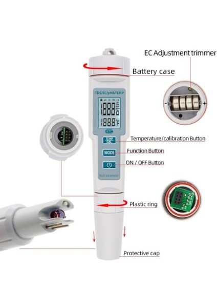 Yeni 4 In 1 Ph/ec/tds Sıcaklık Ölçer Su Geçirmez Ph Ölçer LED Su Kalitesi Monitör Test Cihazı