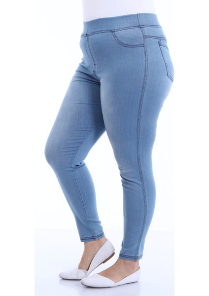 Kadın Ful Likralı Beli Lastikli Tayt Kot Pantolon (Açık Mavi)