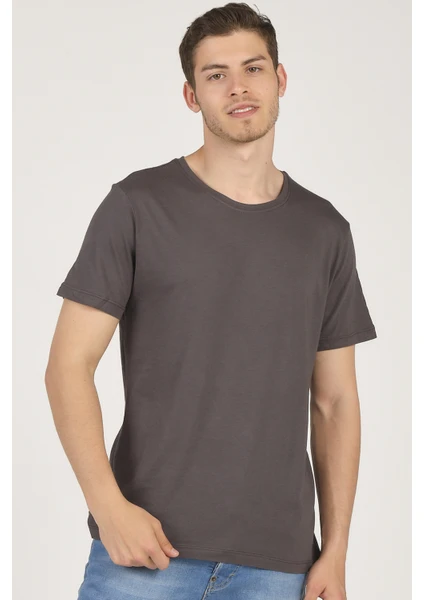 Erkek Basic Bisiklet Yaka T-Shirt Füme