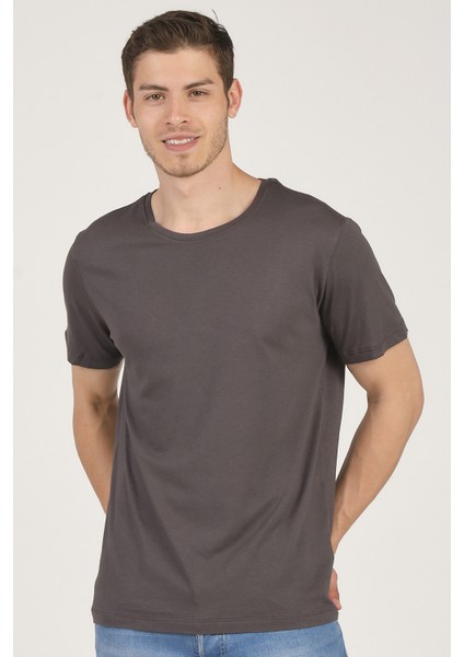 Erkek Basic Bisiklet Yaka T-Shirt Füme