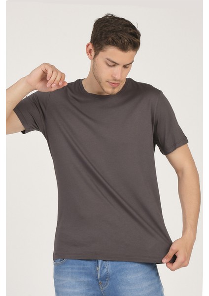 Erkek Basic Bisiklet Yaka T-Shirt Füme