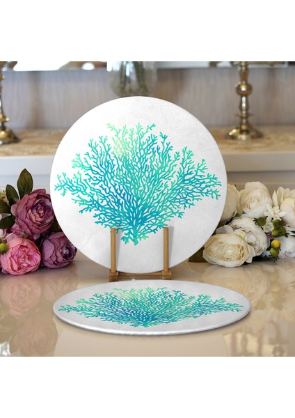 2'li Beyaz Zeminde Yeşil Renkli Su Yosunu Desenli Dijital Baskılı Modern Yuvarlak Servis Altlığı - Supla
