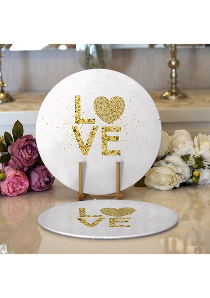 2'li Beyaz Zeminli Gold Renkli Love Yazılı Dijital Baskılı Modern Yuvarlak Servis Altlığı - Supla