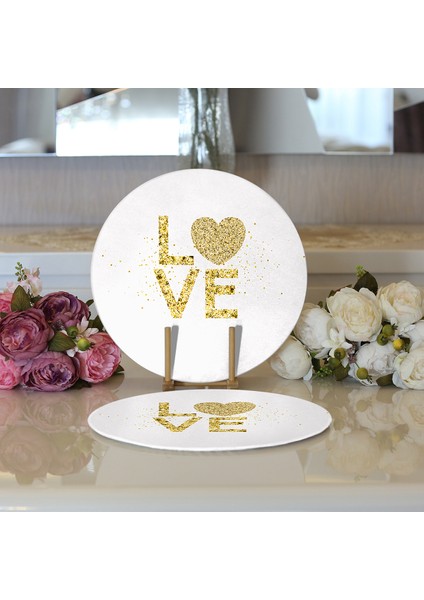 2'li Beyaz Zeminli Gold Renkli Love Yazılı Dijital Baskılı Modern Yuvarlak Servis Altlığı - Supla modelleri
