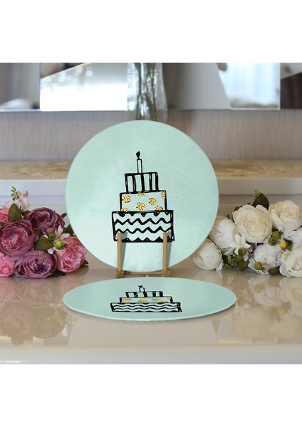 2'li Pastel Zemin Üzerinde Gold Detaylı Pasta Çizimli Modern Yuvarlak Servis Altlığı - Supla