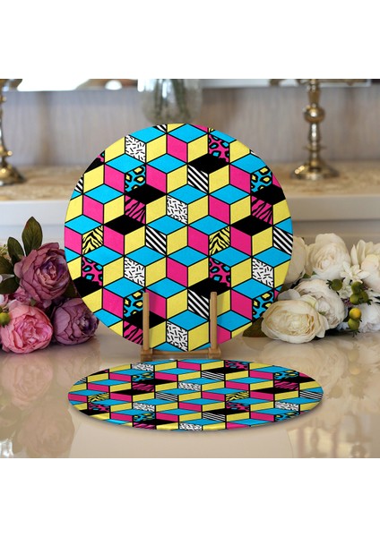 2'li Renkli Zemin Üzerinde Modern Geometrik Küp Desenli Modern Yuvarlak Servis Altlığı - Supla