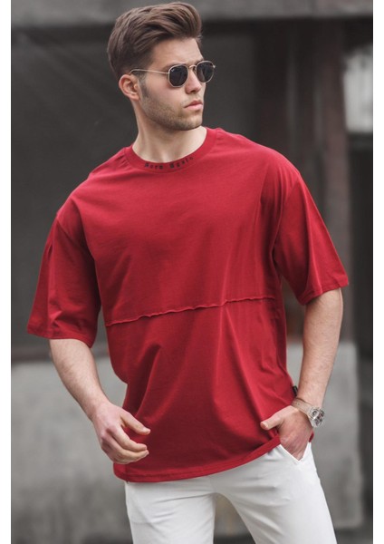 Bordo Oversize Erkek Baskılı Tişört 5250
