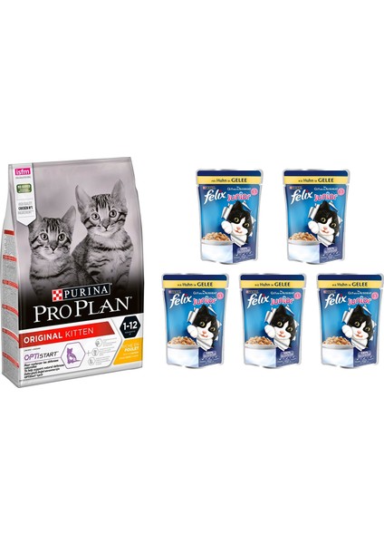Proplan Kitten Junior Yavru Tavuklu Chicken Kedi Maması 3 kg ve Felix Yavru Yaş Kedi Maması 5'li
