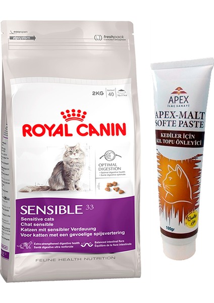 Yetişkin Sensible 33 Kedi Maması 2 kg ve Apex 100 gr Kedi Maltı