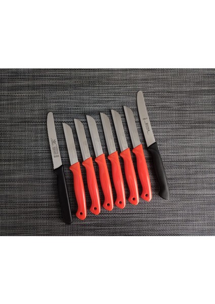 6'lı Meyve Tırtıklı ve Düz Doğrama Bıçağı Simli Turuncu 8'li Set