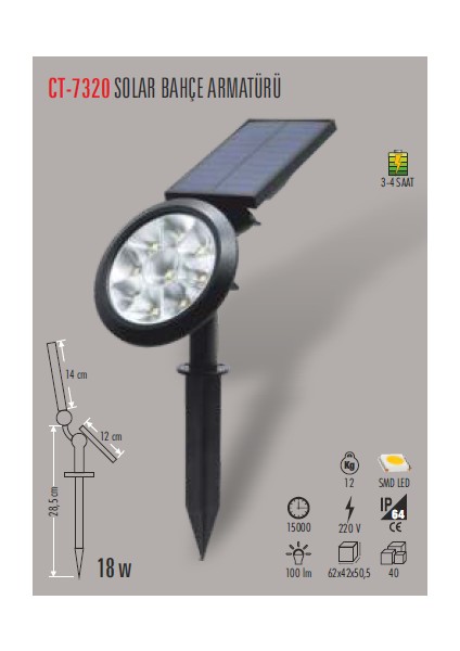 CT-7320 18W Solar Bahçe Armatürü Amber Cata