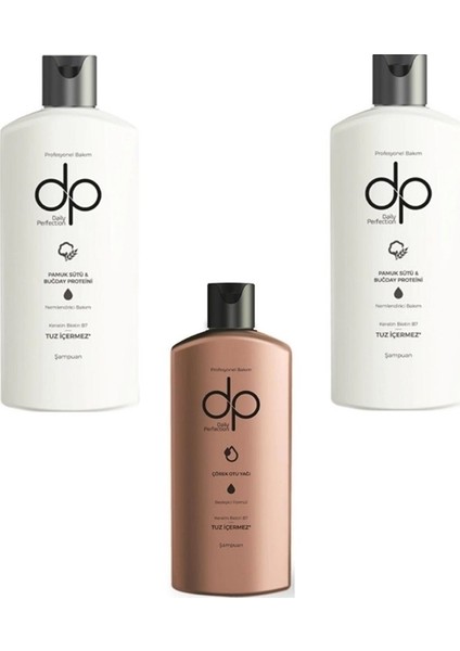 Şampuan 2X250 ml Pamuk Sütü ve Buğday Proteini + Dp Tuzsuz Şampuan 250 ml Çörekotu Yağı