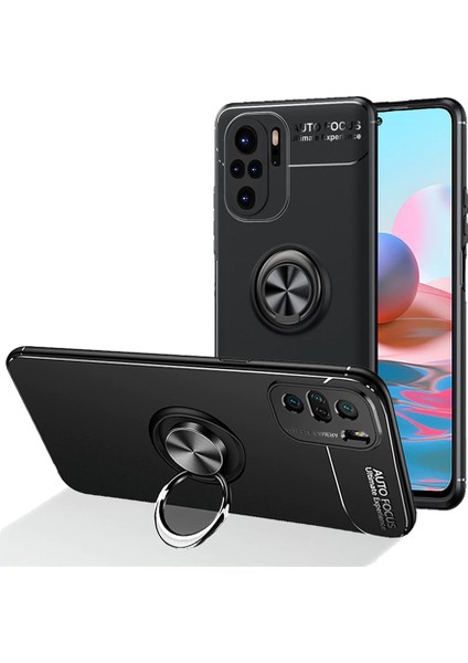 Xiaomi Redmi Note 10 Focus Serisi Yüzük Standlı Silikon Kılıf - Siyah