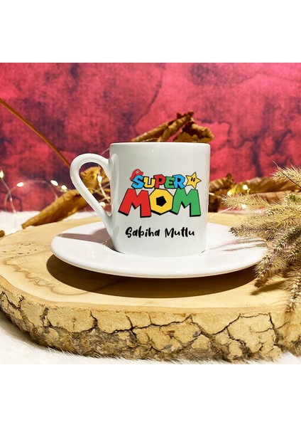 Kişiye Özel Hediye Isimli Super Mom Baskılı Kahve Fincanı 7245