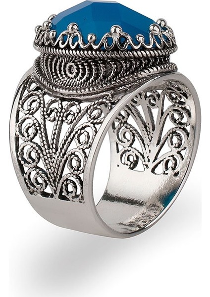 925 Ayar Gümüş Otantik El Işçiliği Telkari Doğal Oval Mavi Akik Taşlı Kadın Yüzük modelleri